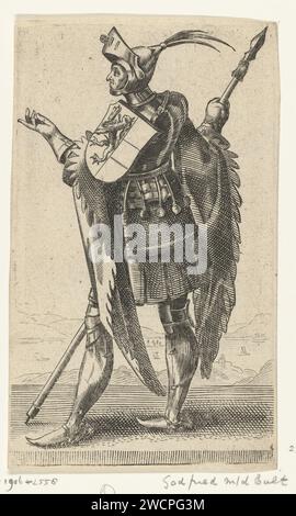 Portrait of Godfried III with the Bult, Duke of Lower Lorraine, Adriaen Matham, 1620 print Portrait of Godfried III with the bump, Duke of Lower Lorraine, standing to the left in a harness with a coat of arms on his shoulder and a spear in his hand. Print from a series of 36 prints with portraits in full of graves and engines of Holland. Haarlem paper engraving nobility and patriciate; chivalry, knighthood Stock Photo