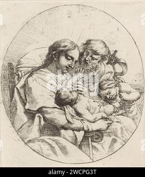 The Holy Family with Johannes de Boper, Cornelis Schut (I), 1618 - 1655 print Maria sits on a chair with the Christ child on his lap. The child reaches to the beard of Joseph, who turns to Maria. The young John the Baptist bends over the child's feet. In his hand he has a victory banner.  paper etching Holy Family with John the Baptist (as child) Stock Photo