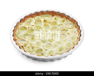 Freshly baked leek pie isolated on white Stock Photo
