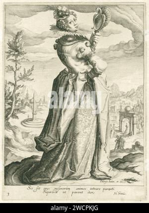 Trots (pride), Zachary, by pain, after Jacques de Gheyn (2), c. 1596 - c. 1597 print Superbia as a standing woman, elegantly dressed, decorated a mirror with peacock in the left hand. She looks at the viewer over her right shoulder. In the background a landscape with an obelisk on the left and a gate on the right on which a globe. Under the gate, a procession of people walks into a rolling landscape. No. 3 From series virtues and vices that determine the fortunes of life. Leiden paper engraving Pride; 'Superbia' (Ripa)  personification of one of the Seven Deadly Sins. mirror. (woman) looking Stock Photo