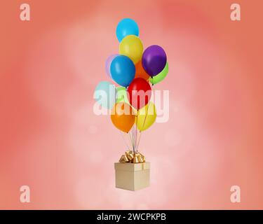 Many balloons tied to red gift box on white background Stock Photo - Alamy