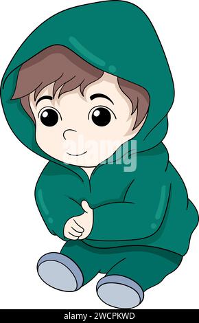 a purple-haired baby boy wearing an army-colored hoodie was sitting and clapping his hands Stock Vector