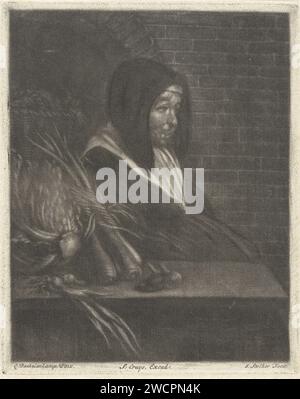 Vegetable women, Jan Stolker, After Quiringh Gerritsz. Van Brekelenkam, 1734 - 1785 print An old woman is sitting by her vegetable window. There are carrots, a cabbage, onions and garlic. Northern Netherlands paper  (non-fruit) products of plants or trees: onion. vegetables (with NAME). old woman Stock Photo