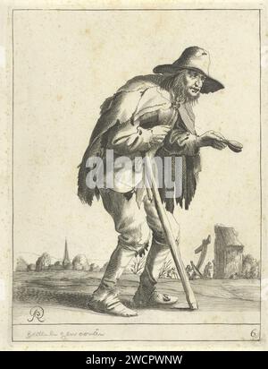 Leper beggar, Pieter Jansz Quast, 1634 print A beggar, with Lazarus valve in his hand, runs supportive on a walking stick along a village and a shed. The print is part of a series of twenty -six prints with beggars and vanders. The Hague paper engraving / etching beggar. leper's rattle. walking-stick, staff. shed Stock Photo
