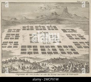 Tent camps of the twelve tribes of Israel set up around the Tabernacle, Jan Luyken, 1705 print  Amsterdam paper etching the twelve tribes of Israel (not in biblical context). tabernacle, 'mishkan'  Jewish religion Stock Photo