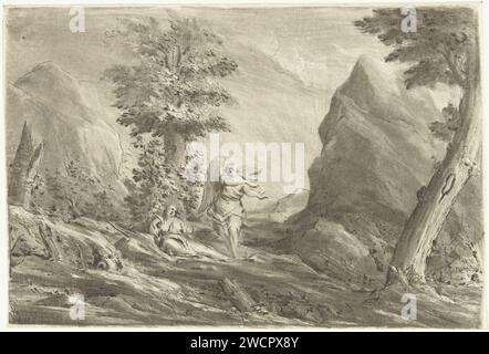 Hagar in the desert, Jurriaan Cootwijck, after Eustache Lesueur, 1759 print Hagar is located on the ground in a mountainous landscape. An angel points her to a water source. print maker: Amsterdamafter drawing by: Paris paper  an angel appears and reveals a well of water to Hagar Stock Photo