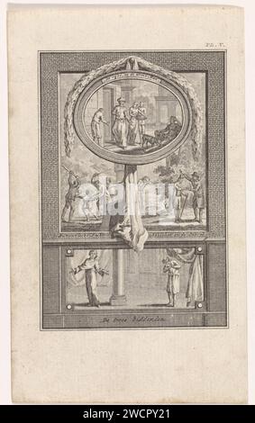 Five Biblical scenes on a magazine, Theodoor Koning, After Jacobus van Meurs, 1794 print Leaf with five biblical scenes. In the middle of an oval frame De Rijke and the poor man (Luke 16: 19-31). Left-wing the loyalty tenants who kill the son of the tenant (Luke 20: 9-16). Rights of the treasure in the Akker (Matthew 13:44) and De Parel (Matthew 13: 45-46) and under the similarity of the exuberant praying and the subdued praying (Luke 18: 9-14). This print is an illustration from 'sucked Biblit stories, to a reading book for the youth'. Amsterdam paper etching the rich man (Dives) is feasting, Stock Photo