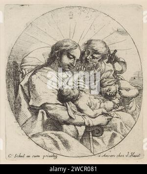 Holy family with Johannes de Boper, Cornelis Schut (I), 1618 - 1655 print Maria sits on a chair with the Christ child on his lap. The child reaches to the beard of Joseph, who turns to Maria. The young John the Baptist bends over the child's feet. In his hand he has a victory banner.  paper etching Holy Family with John the Baptist (as child) Stock Photo