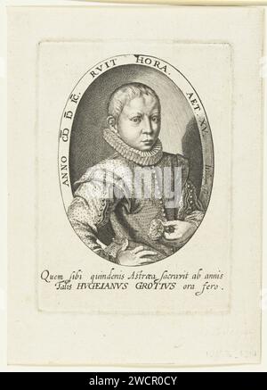 Portrait of Hugo de Groot at the age of 15, Jacques de Gheyn (II), 1599 print Bust van Hugo de Groot as a 15-year-old young man, more or less seen on the right, in Ovaal. The prodigy Hugo de Groot had already had a university study in 1599 (Dating Print): during his stay in France in 1598 he was promoted to law. King Henry IV gave him a medallion on this occasion that he holds in the left hand here. To the show a rule of Latin text, under the show two lines of Latin text. Netherlands paper engraving historical persons. historical persons. professor. aspects of science in general (+ child as sc Stock Photo