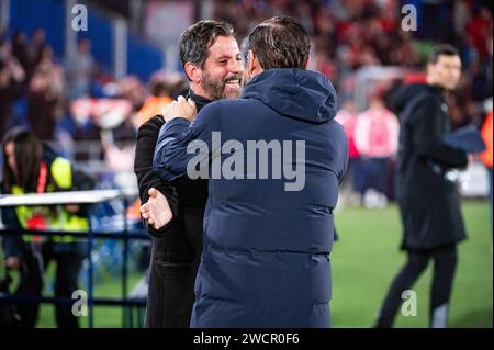 Getafe, Spain. 16th Jan, 2024. Jose Bordalas (R), head coach of Getafe greets Quique Sanchez Flores (L), head coach of Sevilla before the football match valid for the round of 16 of the Copa del Rey tournament between Getafe and Sevilla played at Estadio Coliseum. Final score; Getafe 1 : 3 Sevilla (Photo by Alberto Gardin/SOPA Images/Sipa USA) Credit: Sipa USA/Alamy Live News Stock Photo