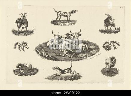 Two cows and a sheep and other animals, Christiaan Godfried Schutze van Houten, 1821 - 1869 print Two lying cows and a sheep in a meadow in the middle. Around this performance eight performances of other animals. In the top left of a goat, in the top above a dog, a goat at the top right, on both sides of the central representation both left and right two horse heads, right and bottom left a sheep. At the bottom of a dog. Rent at the top right marked: p.2. Rotterdam paper etching cow. sheep. goat. horse Stock Photo