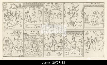 Ten Incarnations of the Indian God Vishnu, Bernard Picart (workshop of), 1723 print Leaf with schematic representations of the ten incarnations of the Indian God Vishnu. Respectively Rama (the King), Vamana (the dwarf), Matsya (the fish), Varaha (the wild boar), Narasimha (De Man-Leeuw), Parasurama (the giant and warrior), Krishna (the Blue God), Koerma ( the turtle), Buddha and Kalki (the rider on the white horse). The performances are numbered I-X and have a inscription in Hindi and French. Numbered in the bottom right: 104. Amsterdam paper etching / engraving conceptions and ideas visualize Stock Photo