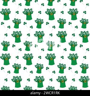 Abstract background texture of free hand drawn shamrocks bouquet and leprechaun hat in trendy green. Isolate. EPS. Vector design concept for St. Patricks greeting or wallpaper, wrapping, poster or web Stock Vector
