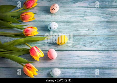 spring tulips and Easter eggs in pastel colors on a  blue wooden background.  Easter or spring time concept Stock Photo