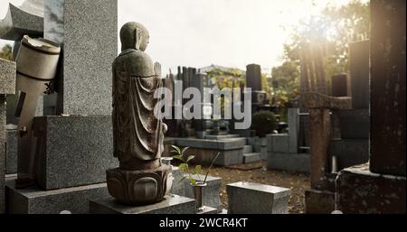 Japan, prayer hands and buddhist statue at graveyard for spiritual religion in Tokyo. Jizo sculpture, cemetery or gravestone for memorial service Stock Photo