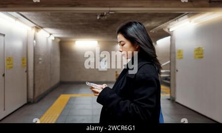 Phone, subway and Japanese woman on internet, social media and walking to travel in Tokyo. Smartphone, scroll and serious person on app, reading email Stock Photo