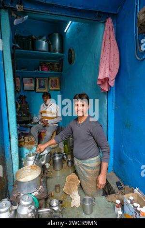 Ajmer, India - January 3, 2024: A man making tea on a street in Ajmer, India. Stock Photo