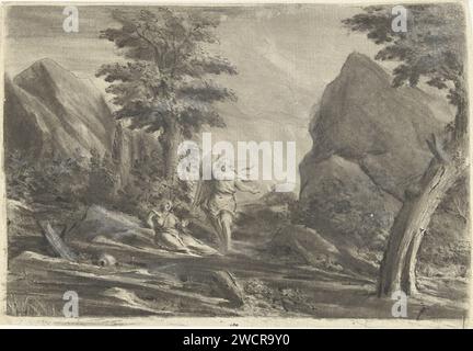 Hagar in the desert, Jurriaan Cootwijck, after Eustache Lesueur, 1759 print Hagar is located on the ground in a mountainous landscape. An angel points her to a water source. print maker: Amsterdamafter drawing by: Paris paper  an angel appears and reveals a well of water to Hagar Stock Photo