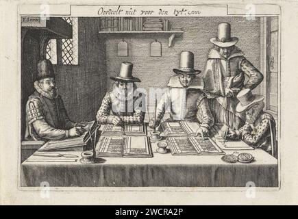 Bookkeepers at work, Pieter Serwouters, 1601 - 1657 print Math school in which the accounting is taught. At a table is on the left, in a chair with canopy, the calculator. Three students are writing with calculation books. A fourth is watching the table on the right. A bookshelf and two writing tablets against the back wall of the departure. There above the meaning "does not judge for the tyt". Above the image the title of the book, the name of the author and a short content of content. Under the print the impressum. Amsterdam paper engraving / etching bookshelves. book-keeping, accountant. bo Stock Photo