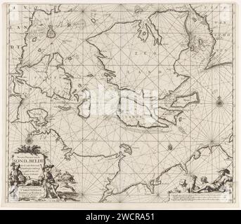 Pascard of the Danish Islands, with part of the coast of Sweden and Germany, Jan Luyken, 1681 - 1799 print Pass card of the Danish Islands, with a part of the coast of Sweden and Germany, with two compass roses, the north is above. Bottom left a cartouche with the title and address of the publisher, with two hunters. One of the hunters looks at how his comrade hunts for a wild boar together with a few dogs. At the bottom right is a fourth hunter with his three dogs on the scale, shown in German, Spanish and English or French miles. Amsterdam paper etching / engraving boar-hunting. hunter. hunt Stock Photo