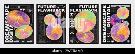 Y2k retro style poster and cover design template with wireframe circle and ball shapes with gradient liquid color and typography. Vintage retrofuturistic banner in 2000s aesthetic with grid elements. Stock Vector