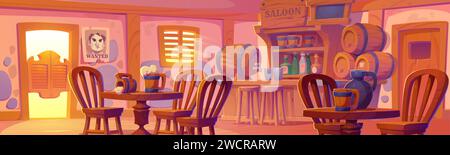 Western saloon interior design. Vector cartoon illustration of retro style bar with door and window, old wooden counter, alcohol bottles on shelf, beer mugs on tables, wanted criminal poster on wall Stock Vector