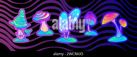 Groovy mushroom stickers set isolated on black background. Contemporary vector illustration of neon color fungus patches, wavy lines, y2k art collection, vintage design elements, retrowave vibe Stock Vector