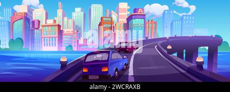 Cars on river bridge against cityscape background. Vector cartoon illustration of modern skyscrapers and city buildings, autos driving flyover road above water, green trees, blue sunny sky with clouds Stock Vector