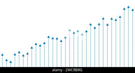 Abstract blue growing financial linear graph chart arrows background. Vector dotted lines tech design Stock Vector