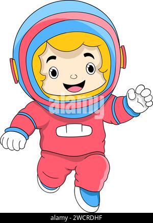 Cute Boy Wearing Astronaut Costume. Vector Illustration In Cartoon 