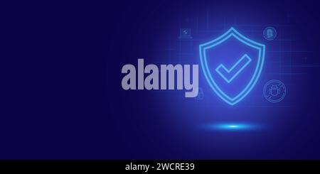 Futuristic blue shield ethics and Security abstract technology background. Artificial intelligence digital transformation and Business quantum interne Stock Photo