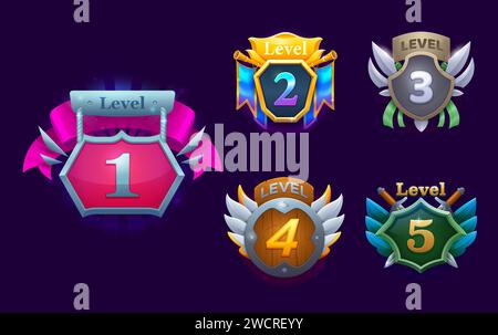 Game level ui icons, wooden cracked shields or broken banners with ...