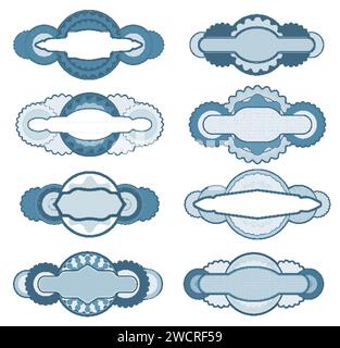 Guilloche pattern rosettes, watermark frame border lines or seals. Vector elements of voucher, certificate, money banknotes, diploma or passport with intricate guilloche ornament, document decoration Stock Vector