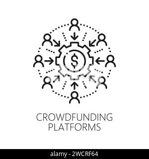 Crowdfunding fintech, investment and web payment technology outline icon. Online commerce and finance, crowdfunding investment thin line vector icon with cogwheel, people crowd and dollar sign Stock Vector