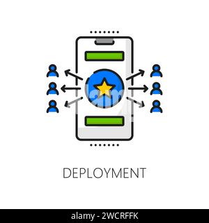 Web software develop deployment, mobile application coding, cellphone app optimization linear icon. Smartphone app, software programming and developing outline vector symbol with developers team icons Stock Vector