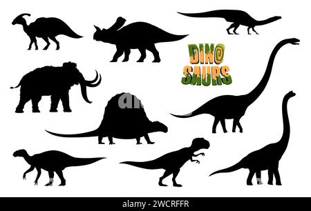 Cartoon dinosaurs, ancient animals characters silhouettes. Tarbosaurus, Brachiosaurus, Iguanodon reptiles, mammoth, Parasaurolophus, Plateosaurus prehistoric animals vector personages silhouettes Stock Vector