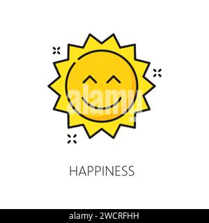 Happiness, mental health icon symbolized by a radiant sun. Vector linear sign of cute smiling solar, representing positivity and wellbeing, as it illuminates our inner world with warmth and joy Stock Vector