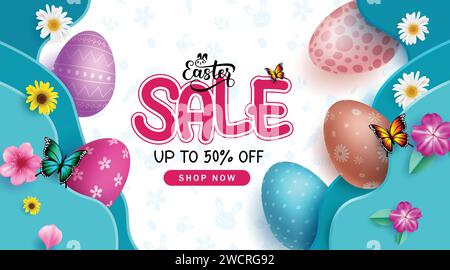Easter sale text vector banner design. Easter season sale with colorful eggs and flowers decoration for seasonal promotion ads background. Vector Stock Vector