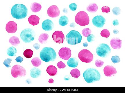 Pink and blue circles of different sizes on a white background. Watercolor. Different shades. Abstract background. Suitable for a baby shower. Girl or boy. Party. Bright colours. Wrapper. Stock Photo