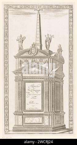 Monument with obelisk and personifications of the cardinal virtues, Anonymous, After Jacob de Weert, 1597 print A monument with Ionian pilasters, triangular frontons, garlands, crowned coats of arms of France and Navarra, female personifications of the four cardinal virtues on the corners and an obelisk with an ornamented cross at the top. An ornamented list around the monument. The monument is placed on the spot where Jean Châtel's father was until January 1595. Châtel tried King Henry IV of France in December 1594. Paris paper engraving monument, statue. obelisk, needle. the Four Cardinal Vi Stock Photo