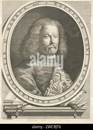 Portrait of Baptista Nani, Daniël with the tokens, 1685 - 1696 print Portrait of the Venetian writer Baptista Nani. The frame of his portrait rests on a Pieth stable on which all kinds of books. Amsterdam paper engraving book Stock Photo