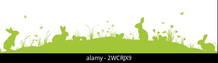 eps vector panorama illustration for easter time, happy fresh green background with silhouette of rabbits with eggs , grass, different flowers. Spring Stock Vector
