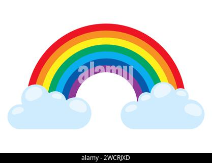 eps vector illustration showing wonderful colored rainbow with light blue clouds at the ends Stock Vector