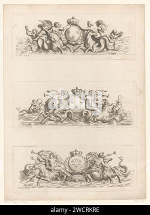 Frisians with weapon of France and Engelen, Louis de Châtillon, After Charles Le Brun, 1672 - 1686 print Three Frisians on a leaf. Above: Crowned weapon of France in a shell, flanked by angels with horns of abundance sitting on hippocampi and two putti blowing on shells. Middle: Crowned weapon of France in a shell, flanked by angels with trumpets, sitting on hippocampi and two putti on dolphins. Below: crowned weapon of France in a shell, flanked by angels with trunks sitting on hippocampi and two dolphins. Paris paper etching coat of arms (as symbol of the state, etc.). angels Stock Photo