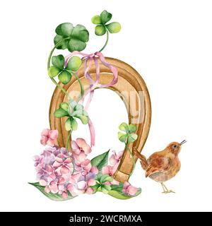 Horseshoe and clover in botanical art watercolor illustration isolated on white. Painted shamrock and bird. Lucky symbol and spring flowers hand drawn Stock Photo