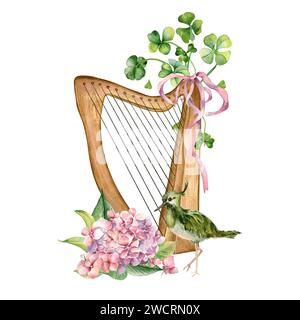 Harp with clover in botanical art watercolor illustration isolated on white. Painted shamrock and bird. Irish symbol and spring flowers hand drawn. De Stock Photo