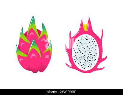 Pitahaya. Dragon fruit. Healthy food, vegans. Veganuary. Cactus. Vector illustration in flat style. For menu, cafe stickers posters design elements Stock Vector