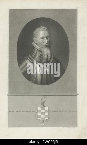 Portrait of Ferdinand Alvarez de Toledo, Duke of Alva, Jan Frederik Christiaan Reckleben, 1849 - 1851 print Portrait of Ferdinand Alvarez de Toledo, Duke of Alva (also known as the Iron Duke). Around the neck a chain with the emblem of the Order of the Golden Fleece. In the margin his name, title and family crest. Amsterdam paper steel engraving knighthood order of the Golden Fleece Stock Photo