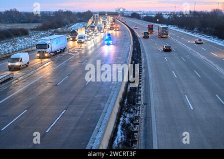 17 January 2024, Saxony-Anhalt, Magdeburg: Traffic on the A2 freeway is being diverted past the scene of an accident via the Magdeburg Zentrum exit and slip road. A 78-year-old wrong-way driver was killed in an accident there on Wednesday morning. Another person was seriously injured, according to the police. The man had driven onto the highway in the wrong direction. On the carriageway towards Hanover, his car then collided head-on with a van and hit another vehicle. The wrong-way driver died at the scene of the accident. One person in the van suffered serious injuries. Photo: Klaus-Dietmar G Stock Photo