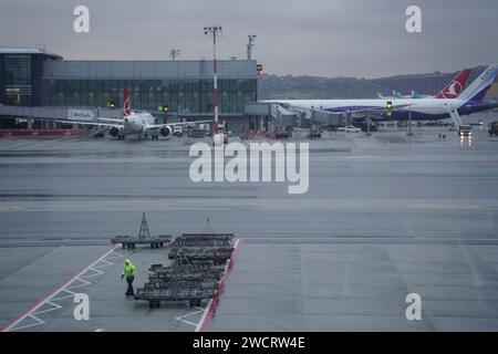 ISTANBUL,TURKEY,JJANUARY 10, 2024: Airplanes at the gate of the the Istanbul new airport on a rain day. New Istanbul Airport is the main international Stock Photo